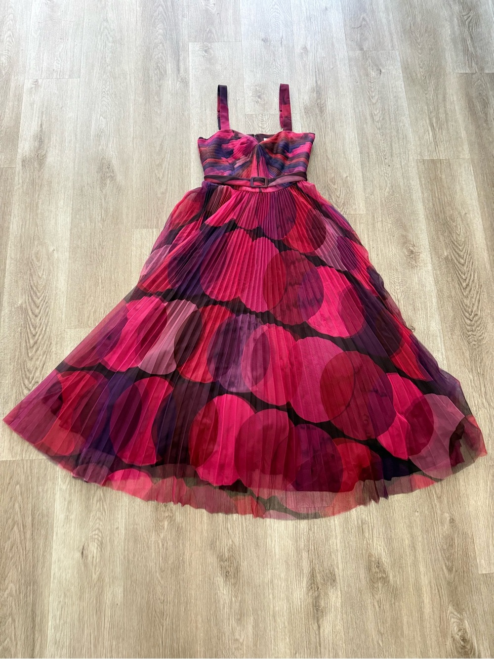 hutch tracey pink & red polka dot belted tulle fit & flare midi dress small NEW